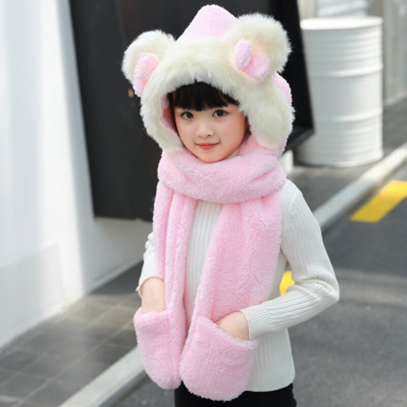 Foux Bomber Hats Women Kids Parent Child Winter Bear Ears Russian Cap Scarf Neck Gloves Snow Warm Baby Boy Girl Ushanka Trooper: Kid Pink