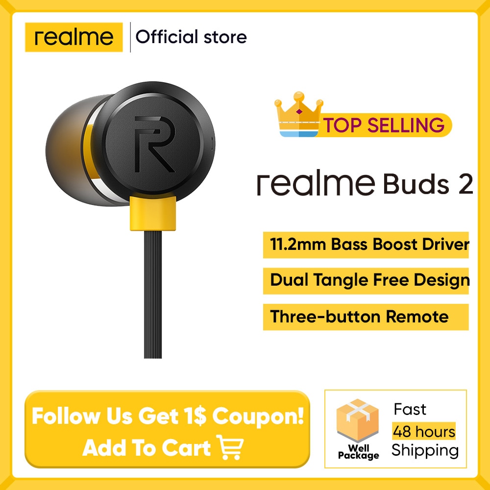 Realme buds 2 zwart bedraad -3.5mm oordopjes 3-- knops afstandsbediening met microfoon ingebouwde magneten klitvrije android-telefoon realme 6 pro