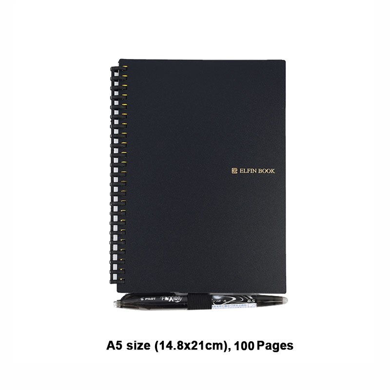 Elfin book 2 Erasable Reusable Smart Microwave Elfinbook Notebook Wave Cloud Erase Evernotes Notepad Note Pad Lined With Pen: Black A5