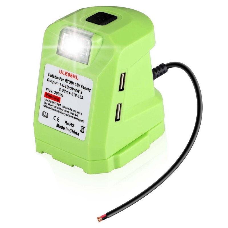 Battery Adapter For Ryobi 18V Li-Ion Battery, DC Port &amp; LED Work Light &amp; Dual USB Charger