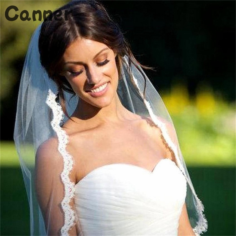 Inmaker Korte Bruiloft Sluier Wit Lvory Een Layer Lace Flower Edge Applicaties Bridal Veils Bruiloft Accessoires