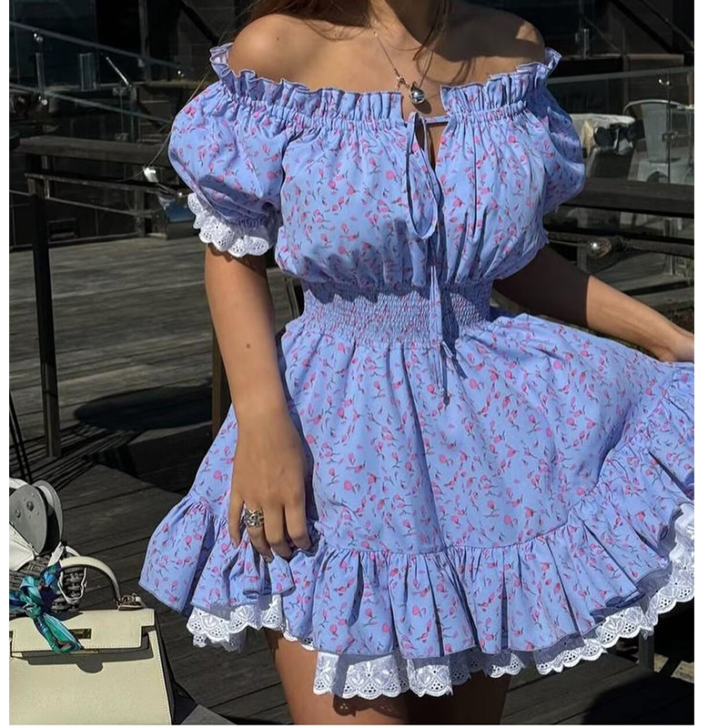 YENKYE Französisch Vintage Floral Print Sexy Off Schulter Kleider Frauen Spitze Patchwork Partei Sommer Kleid Kurze Robe Ziemlich