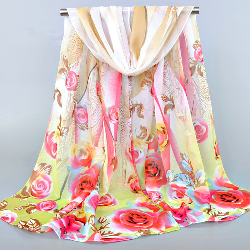 Uit india rose print chiffon polyester sjaals vrouw dunne sjaal tulband riem hijab mode arabische sjaals wrap: 1