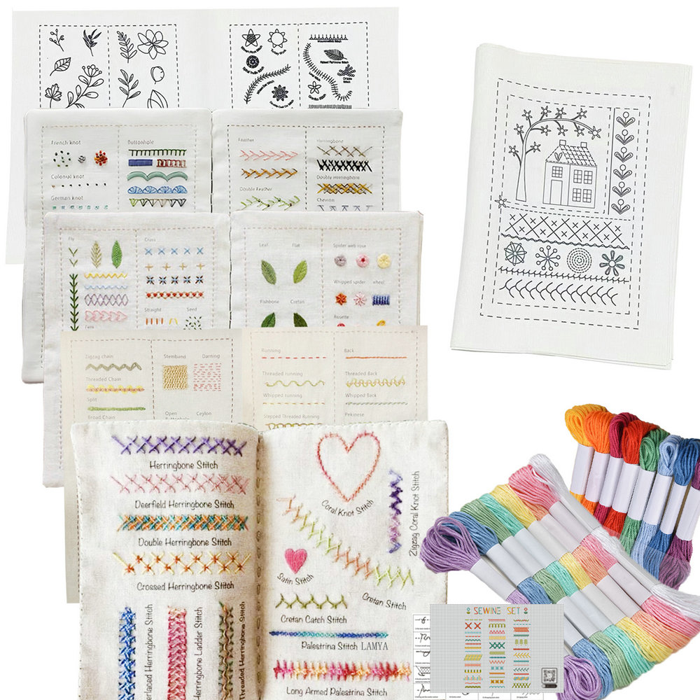 6 Pages Embroidery Stitches Book, DIY Stitch Books, Embroidery sewing books, Beginner Embroidery Sewing Kit: PURPLE