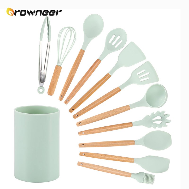 9/11Pcs Silicone Kitchen Set Wooden Cooking Accessories Spatula Ladle Spoons Heat Resistant Green Multifunction Utensils Tools