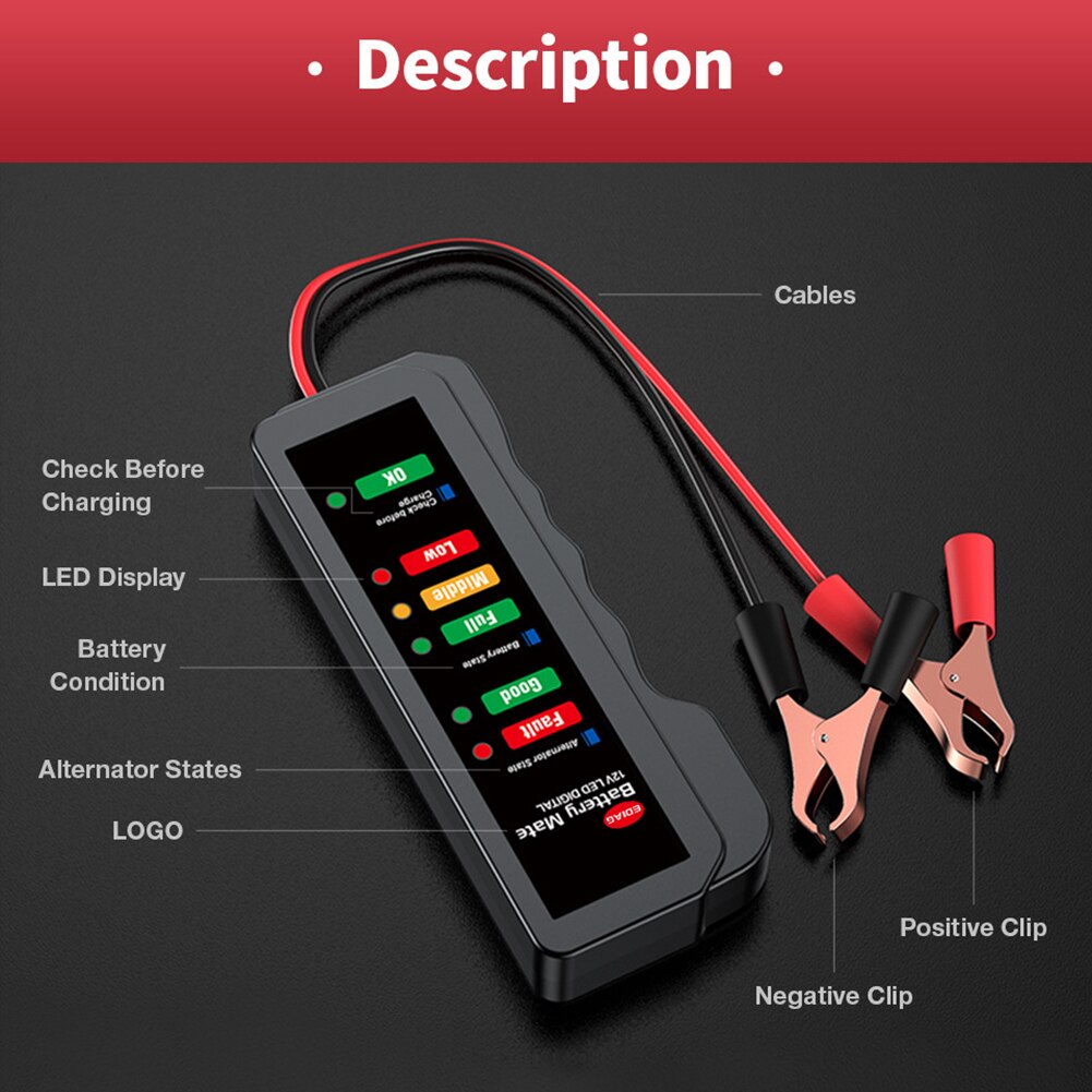 12V Car Battery Tester with 6 LED Lights Intelligent Mower Detector Diagnostic Battery Capacity Checker Diagnostic Tool