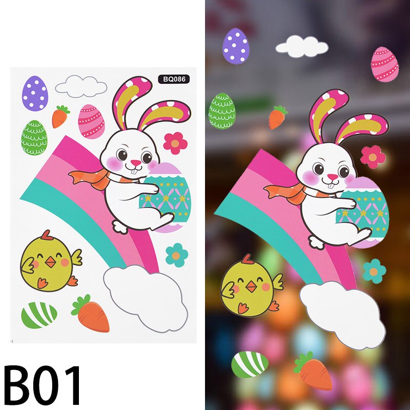 Pegatina de ventana de conejo de Pascua para decoración del hogar, Adhesivo de pared de huevo colorido, bonito pollo, conejo, suministros de de Primavera y Pascua: B01