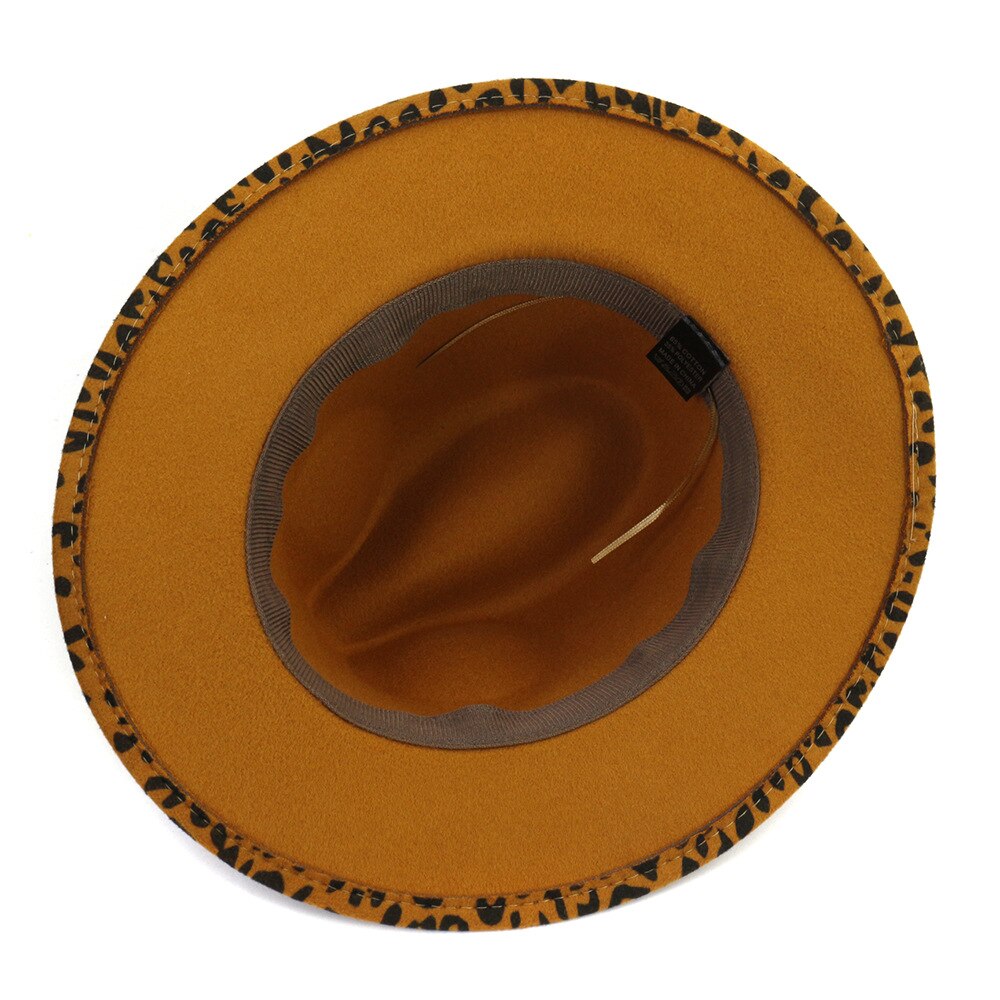 Qbhat unisex europeisk stil dam ull fedorahattar med turkos läder band bred brätte leopardmönstrad jazz filt hatt