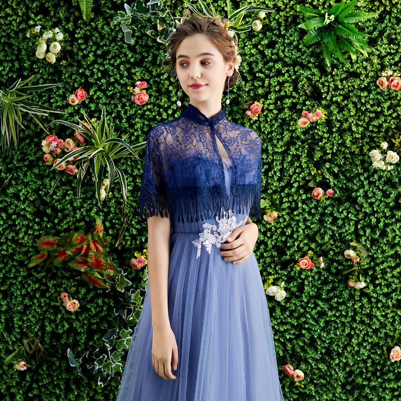 Zomer Vrouwen Bolero 11 Kleuren Kant Bruids Stola Wraps Vintage Kwasten Bruiloft Jas Sjaal Elegante Avond Jas Cape Mariage: Navy Blue