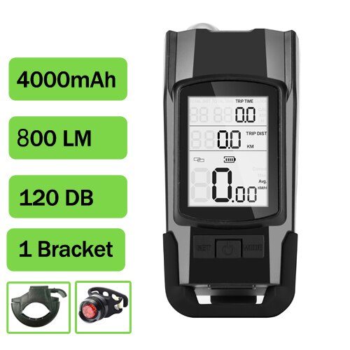 Wireless Bicycle Computer MTB Cycling Bike Odometer Stopwatch Speedometer Integrated 800LM Headlight 120DB Horn Accessories: Black B