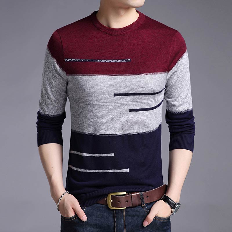 Klassisk strikket genser herre genser varme stripete gensere vinter strikke klær sueter hombre casual camisa masculina: Rød / M