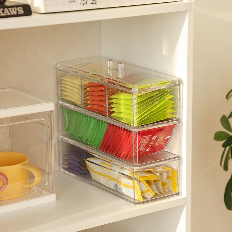 Caja de almacenamiento de bolsas de té, cajonera de clasificación de cápsulas de café, tarro de almacenamiento sellado de acrílico con tapa, contenedor de azúcar para té y café