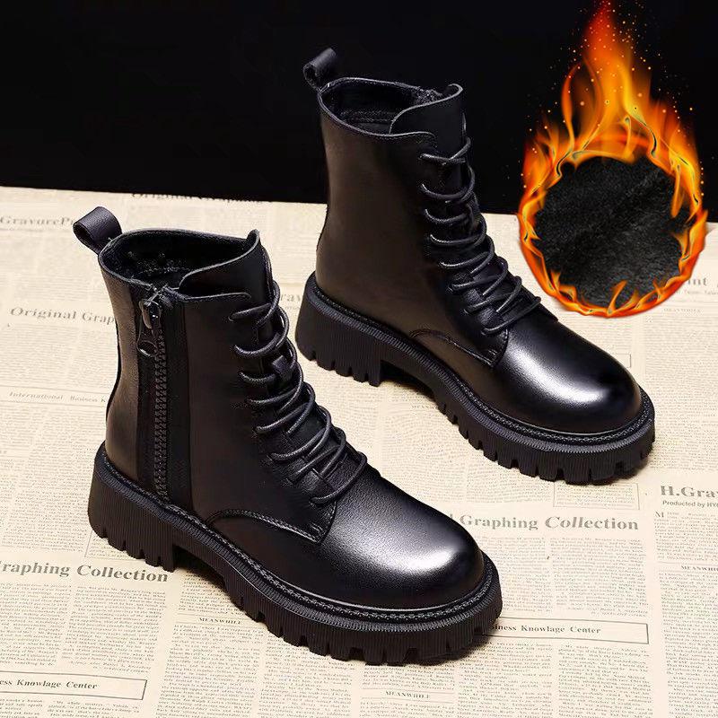Bottes martin à semelles épaisses pour femme, chaussures courtes de Style britannique, en coton et velours, hiver: Black PLUSH / 40