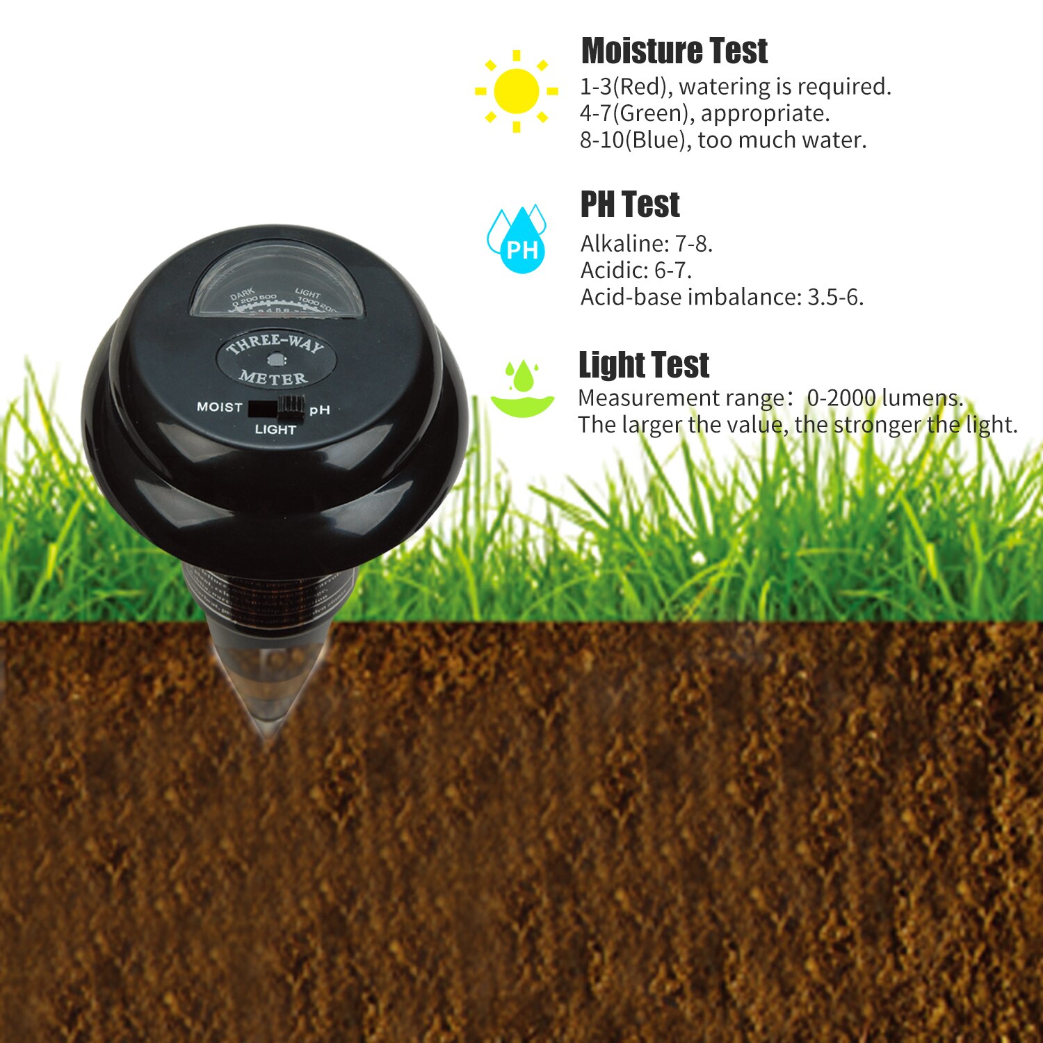 3-in-1 Soil Test PH Moisture Meter Light Tester Garden Plant Soil Monitor Tool Multi-Functional Bonsai Moisture PH Analyzer