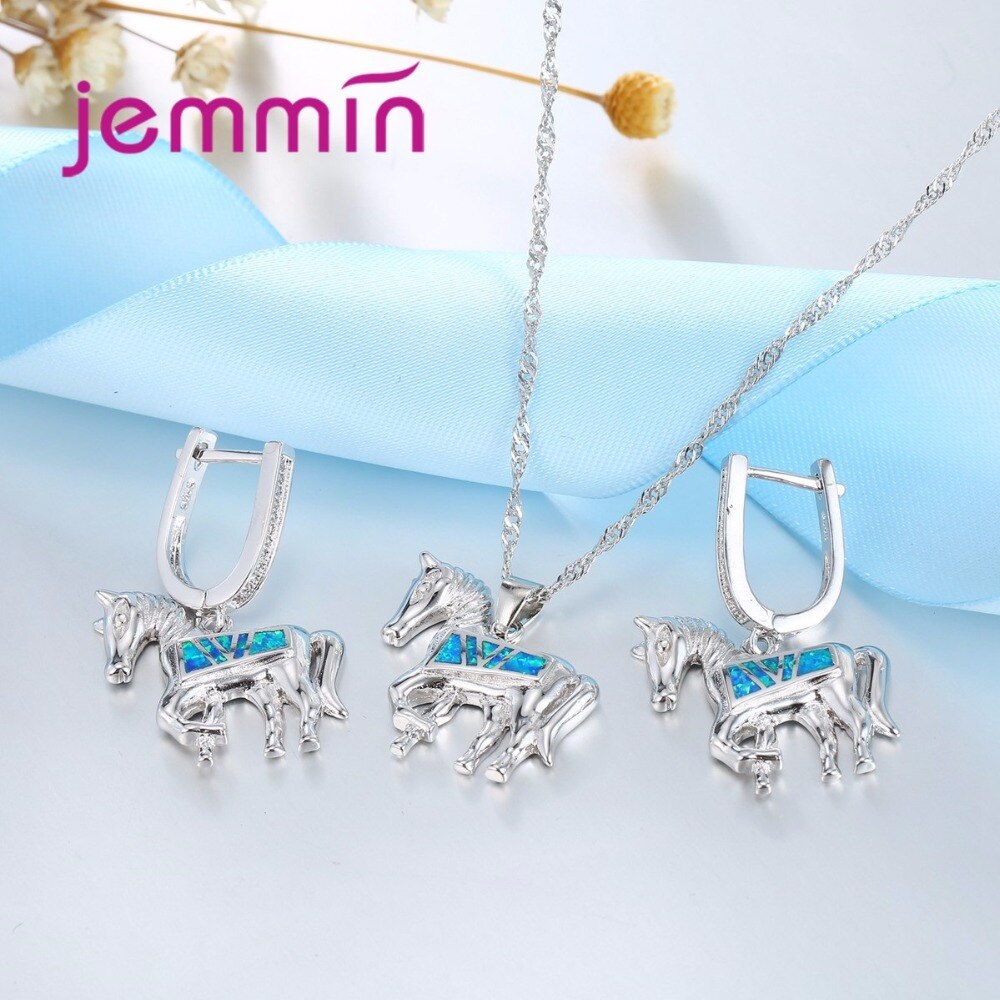 Horse Jewelry Set with Blue Fire Opal Stone Exquisite Animal Pendant Necklace & Earrings 925 Sterling Silver