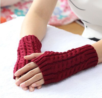 Guantes de invierno para mujer, manoplas cálidas de lana de imitación, de ganchillo, para brazo, sin dedos: Wine red