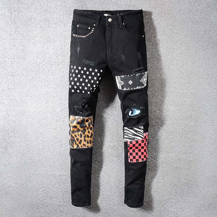 Man's High Street Trousers Pants Full Length Patched Straight Fit Hip Hop Jeans