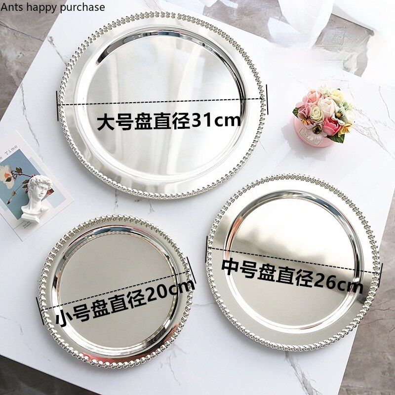 Assiette ronde en métal argenté, plateau de rangement pour bijoux, plateau décoratif pour Snacks, assiette à Dessert, poêle à gâteau, assiettes décoratives pour la maison, ensemble de 3 pièces