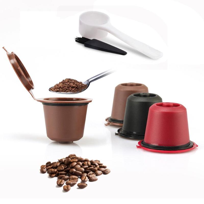 3pcs Refillable Reusable Coffee Capsule Filters for Nespresso Coffee Machine with Brush Spoon