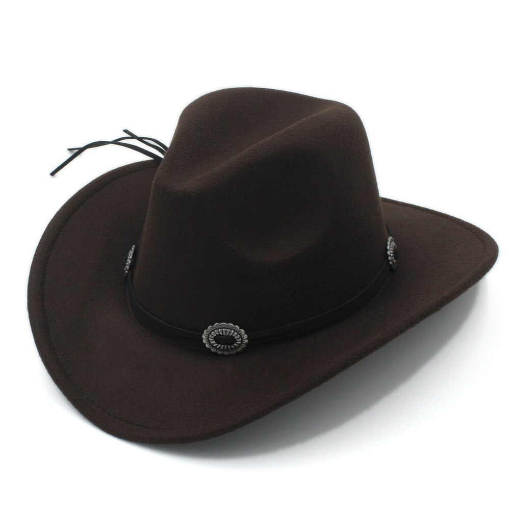 Uld barn kids western cowboy hat til dreng pige cowgirl jazz kirke kasket med læder toca sombrero kasket 4-9 år: Kaffe