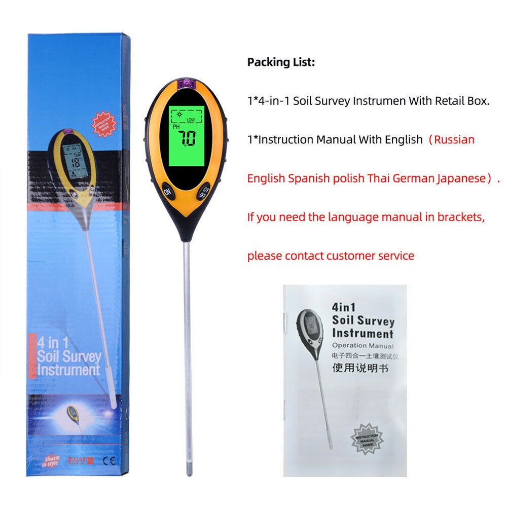 Testeur De Sol 4 En 1 Numérique - PH, Humidité, Température, Lumière - Écran LCD Rétroéclairé Pour Jardin