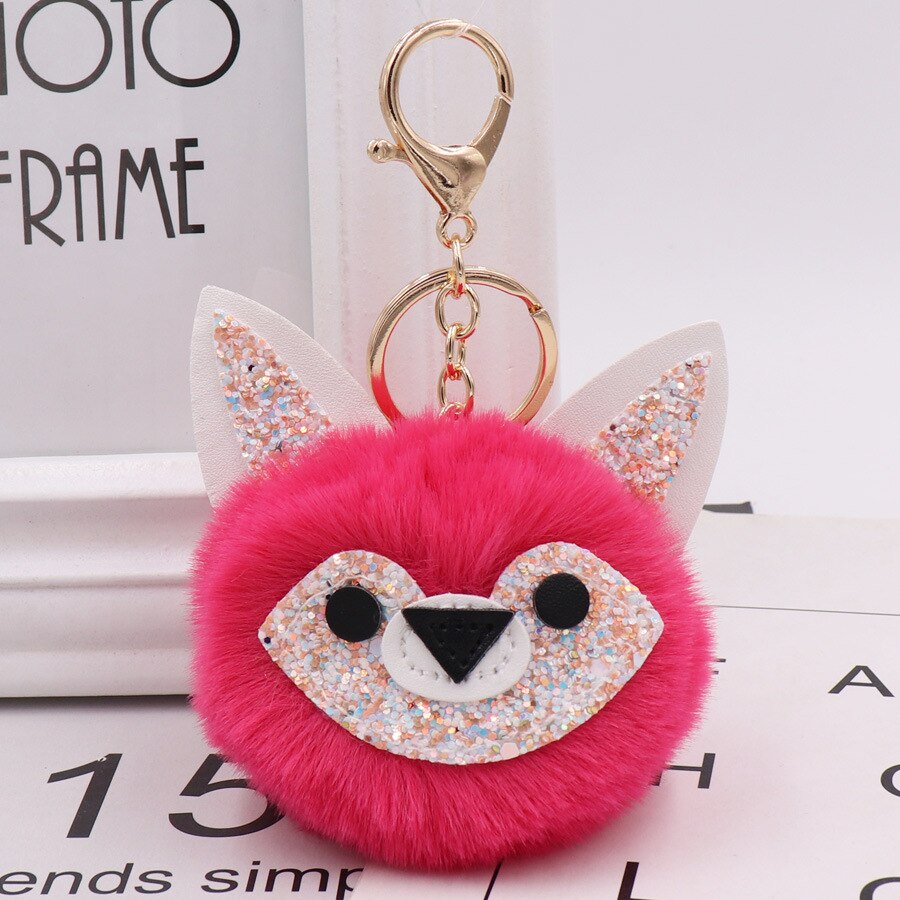 Automne et hiver Style Jade visage renard sac porte-clés modèle Pom-pom porte-clés porte-clés femmes sac pendentif: 3 Rose red  Gold Tone Chain Buckle