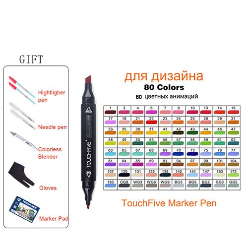 Touchfive-rotuladores de punta de fieltro, rotuladores permanentes de doble punta a base de Alcohol, 80 colores para la escuela: Black