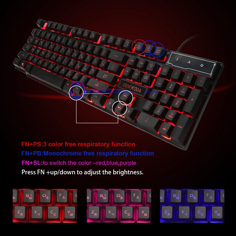 LOIOG Russian / English 3 Color Backlight Gaming Keyboard Teclado Gamer Floating LED Backlit USB Similar Mechanical Feel