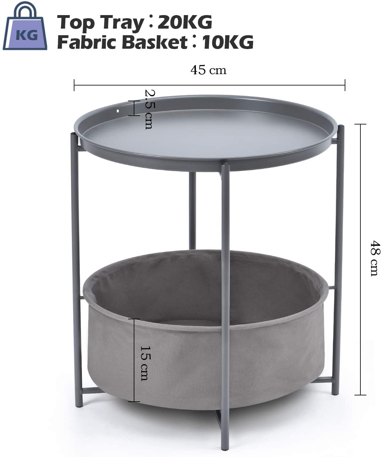 Coffee round table, metal bedside table, sofa side snack table, bedside table with removable tray top, fabric storage basket