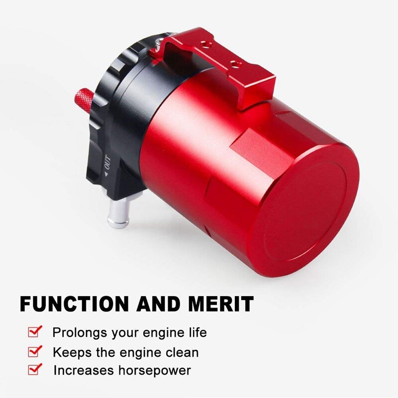 Baffled Universal Aluminum Oil Catch Can Reservoir Tank 300ml With Breather Filter Black+Red