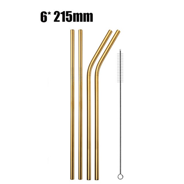 4 Pcs 6mm Straw with Cleaner Brush Short cocktail tubes Long Metal Drinking tubules Drink Straws For Smoothies Tapioca Milk Tea: Short Gold-4pcs