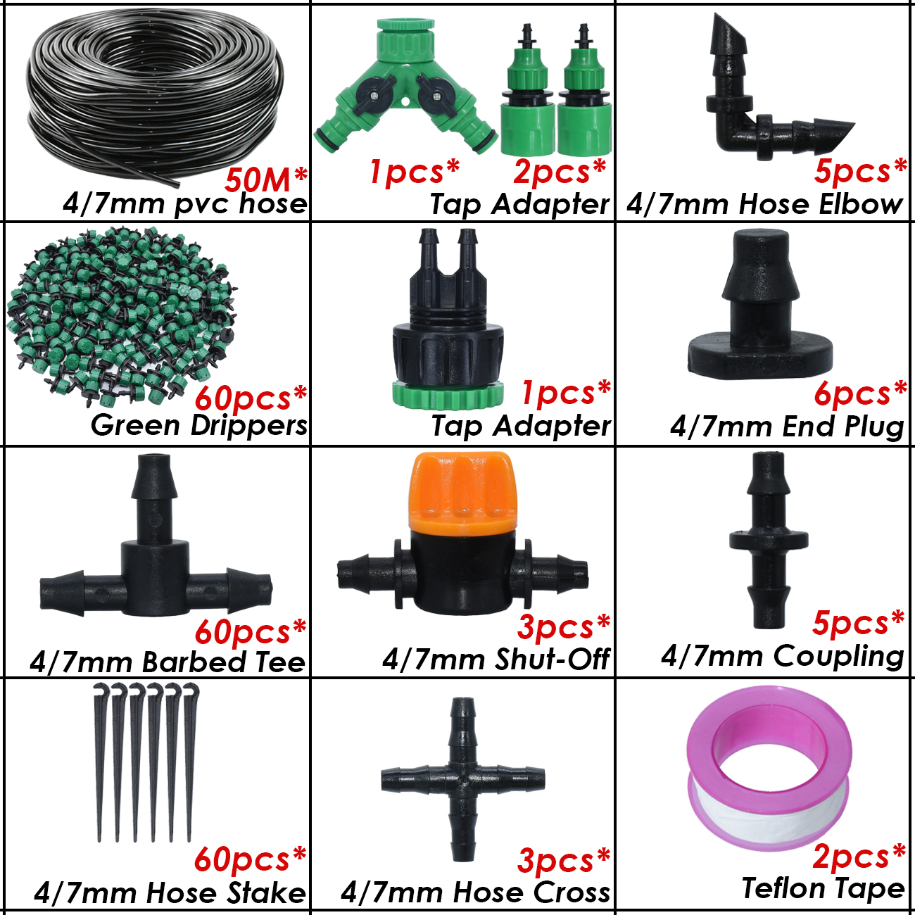 Kit d&#39;arrosage automatique goutte-à-goutte pour serre, 10-50M, 1/4 &#39;&#39;, système d&#39;irrigation, tuyau 4/7mm, buses de brouillard en laiton pour jardin, maison, plante en pot: KSL01-KIT351C-50M