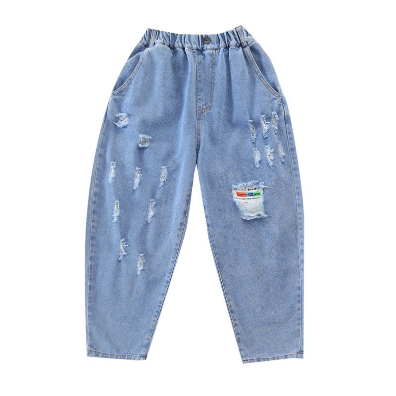 Nova moda crianças jeans rasgado para meninas adolescentes caber primavera outono calças de brim do bebê menina cintura elástica calças de brim criança calças casuais