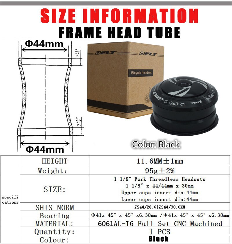 DH FR-piñón fijo para bicicleta de montaña, sin rosca, 44x28,6mm (1-1/8 "), 2 rodamientos, accesorios dorados: Black