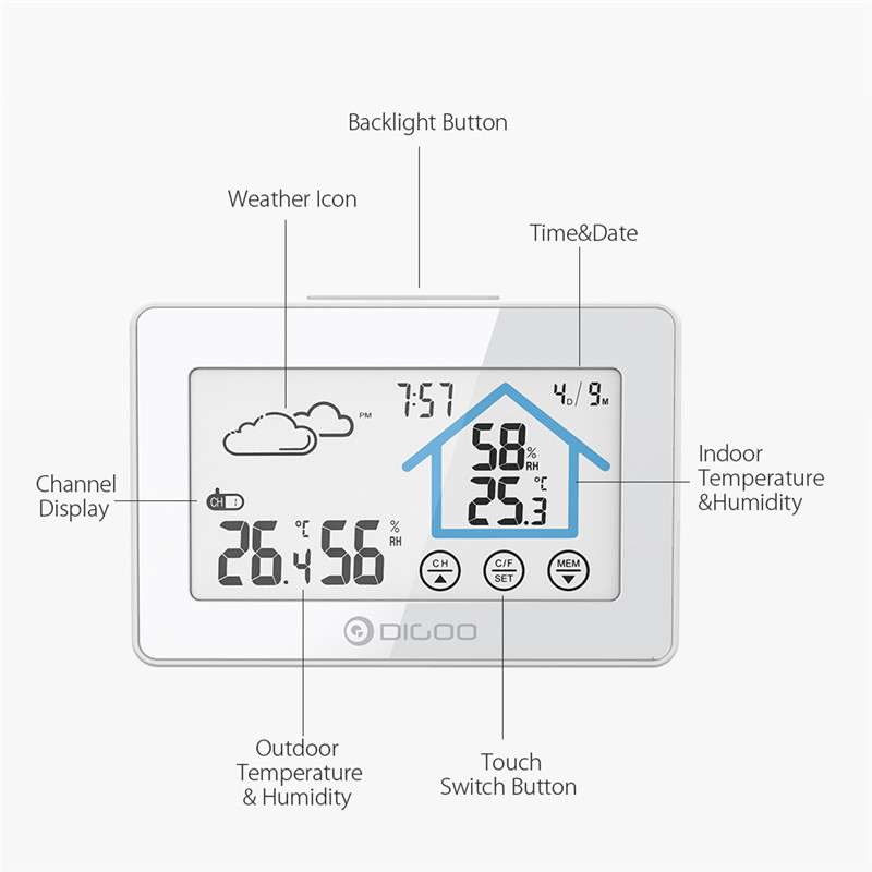 Digoo dg -th8380 berøringsskærm vejrstation dagligt ur alarm termometer hygrometer udendørs indendørs fugtighedstemperaturføler