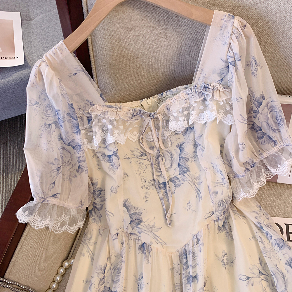 Plus-size women's summer casual commute loose comfortable dress chiffon print square collar lace-up with petal sleeves dress big