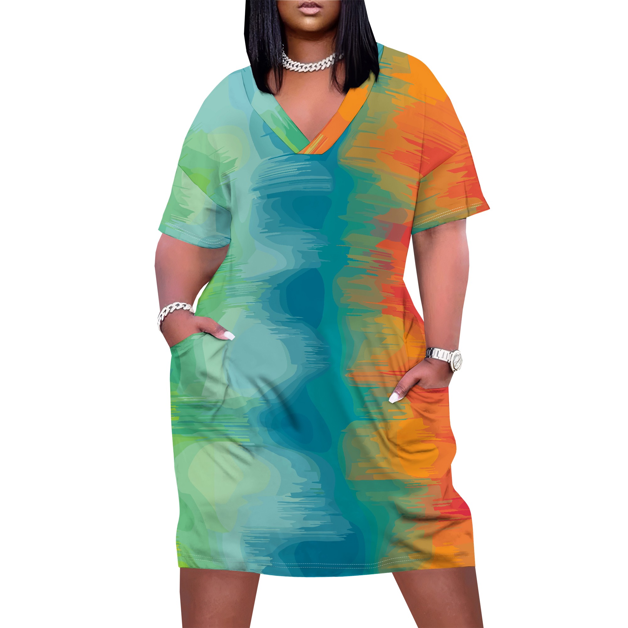 Plus size kvinder afslappet t-shirt kjole med v-hals og korte ærmer, to lommer foran, ensfarvede oversize kjoler: 6xl / Rød
