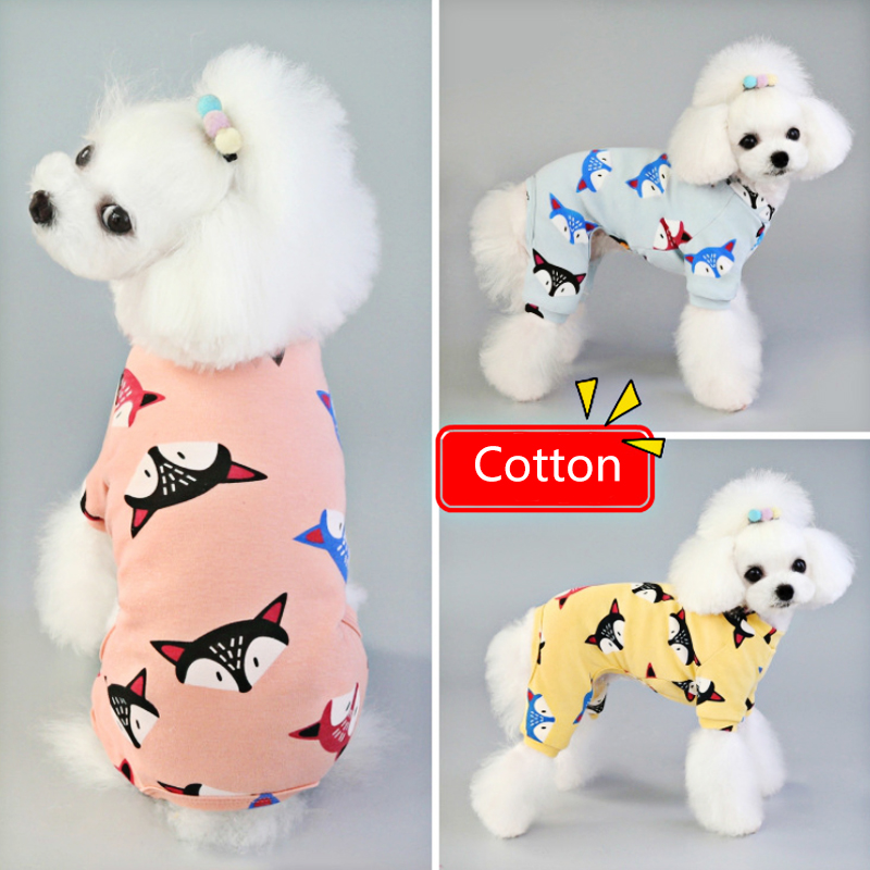 Söt katt pyjamas husdjurskläder för små hundar pyjamas valp jumpsuit för medelstora hundar sovkläder rävtryck skjorta chihuahua kappa