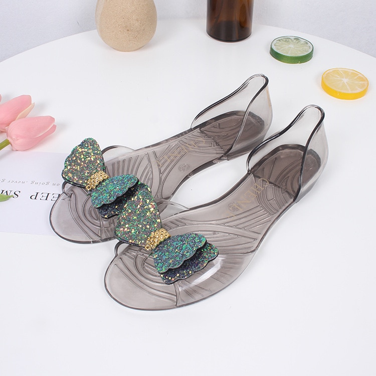 Sandalias de mujer zapatos con los dedos de los pies al aire libre Bling Bow claro transparente playa cómodas sandalias para mujer suave PVC pantuflas de plástico