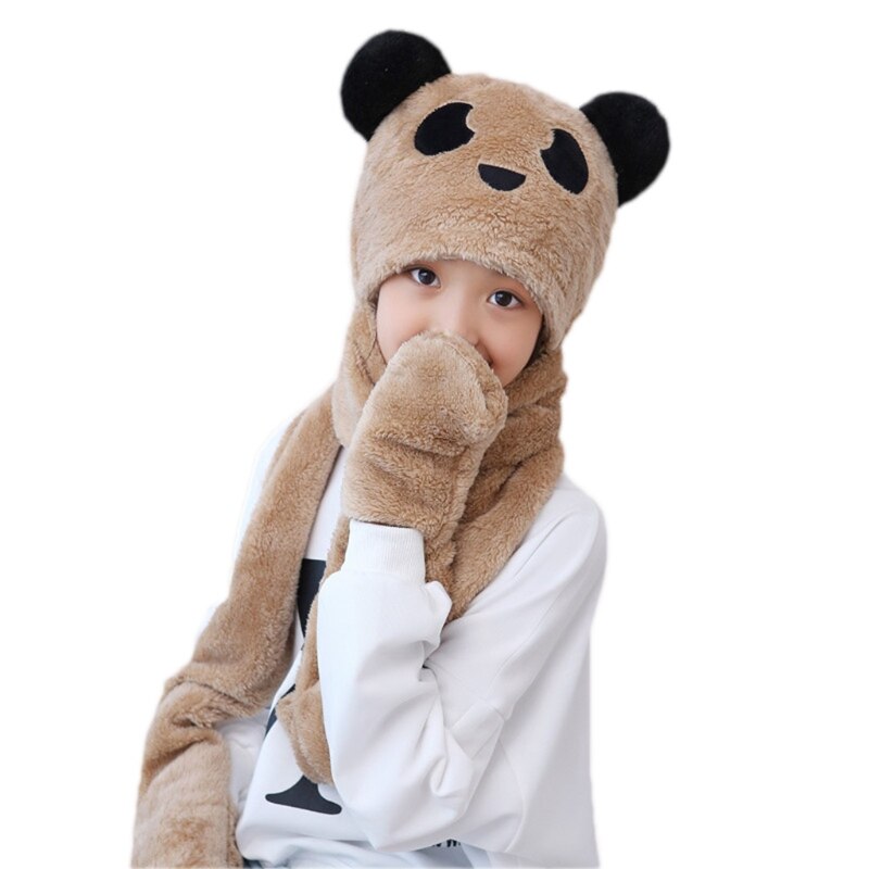 Peuter kinderen baby winter 3 in 1 muts lange sjaal handschoenen set panda dierenoren dikke pluizige pluche hoodie oorklep muts nekwarmer: A / S