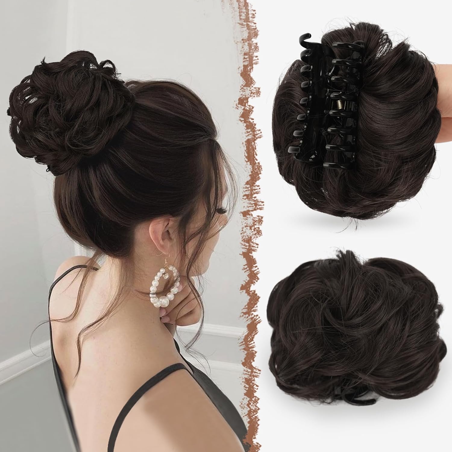 Pedaço de cabelo bagunçado para mulheres, penteado Updo penteado, ondulado encaracolado scrunchies, clipe na garra, chignon sintético, clip w: Cor Natural / 2 Pçs