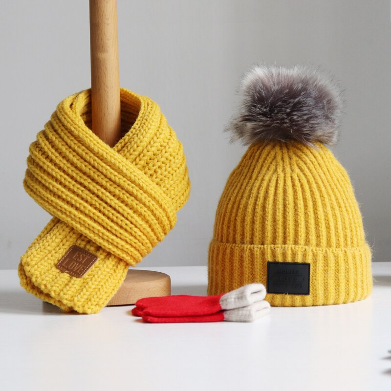 Baby lue høst vinter barn lue skjerf gutter og jenter hodehette skjerf baby ull lue trend hanske 3- deler dresser: Gul / 2-3 år gammel