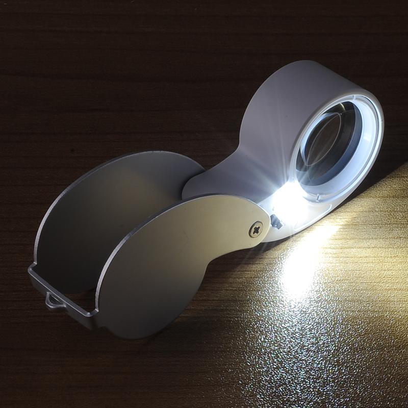 Mini lupa de 40x de gran potencia para joyería, lupa para ojo, tienda de joyas, lupa plegable para joyería con luces LED plateadas