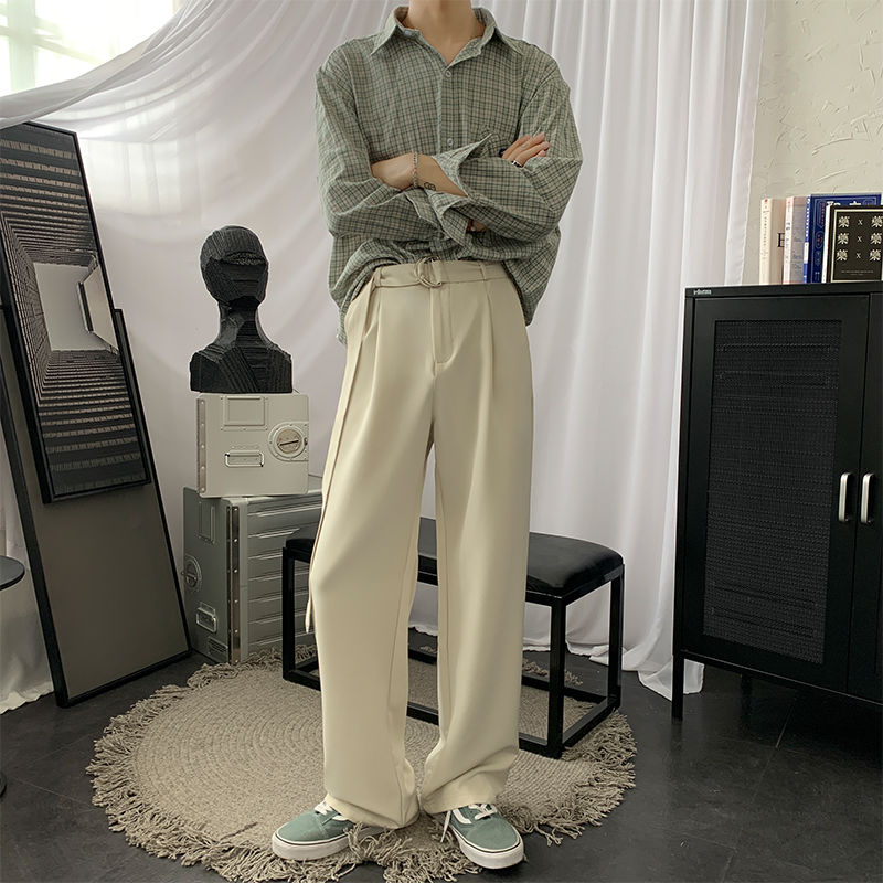 Kevään ja kesän nuorten suositut miesten verhot yksiväriset ryppyiset housut rennot suorat housut m-xl: Beige / Xl