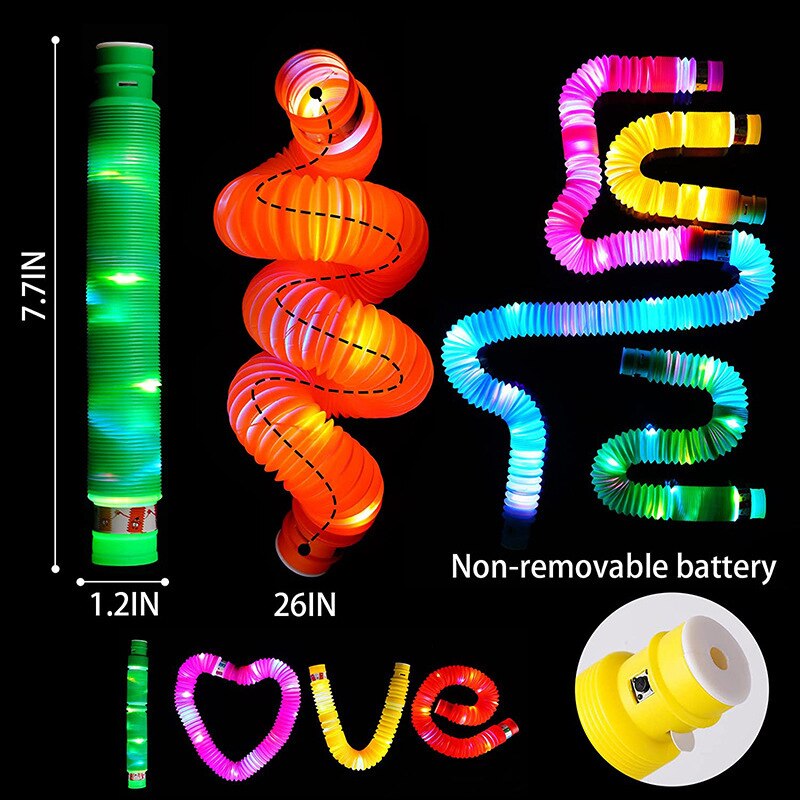 Diy Lichtgevende Pop Buizen Led Fluorescerende Kleur Uitgerekt Plastic Buis Gegolfde Telescopische Buis Vent Decompressie Speelgoed Lange Squis