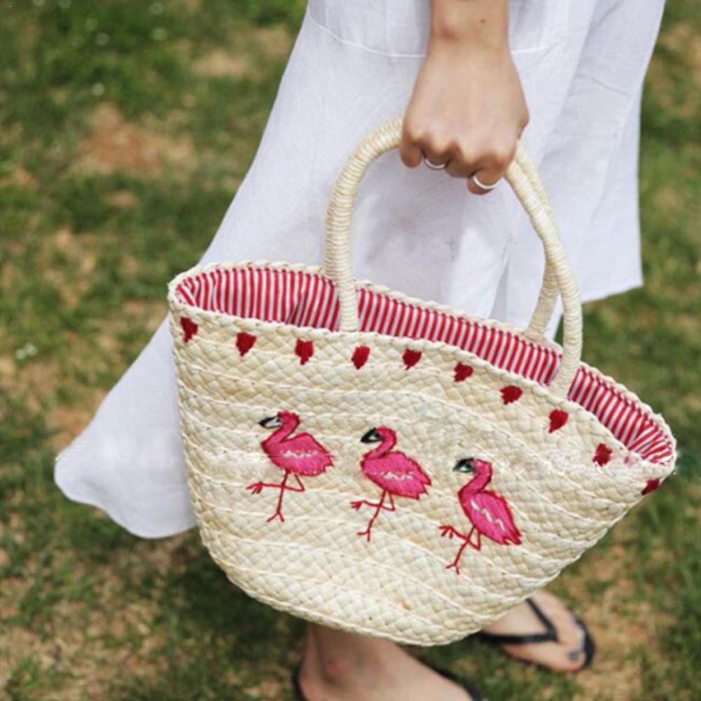 Rode Flamingo Borduurwerk Stro Gevlochten Tas Natuurlijke Flamingo Geweven Strand Sling Tote Bag Voor Vrouwen