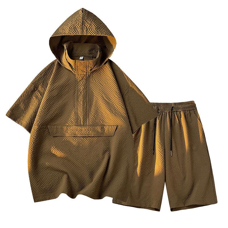 Sommer t-shirt shorts sæt til mænd trendy mærke hættetrøje korte ærmer løs pullover halv lynlås todelt hurtigttørrende tynd: Xxl / Brun