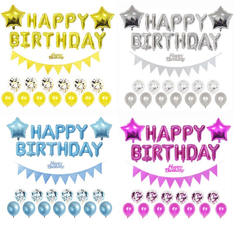 1Set Foil Letter Happy Birthday Banner Pennant Bunting Confetti Round Balloons For Adult Kids Birthday Party Decoration Supplies