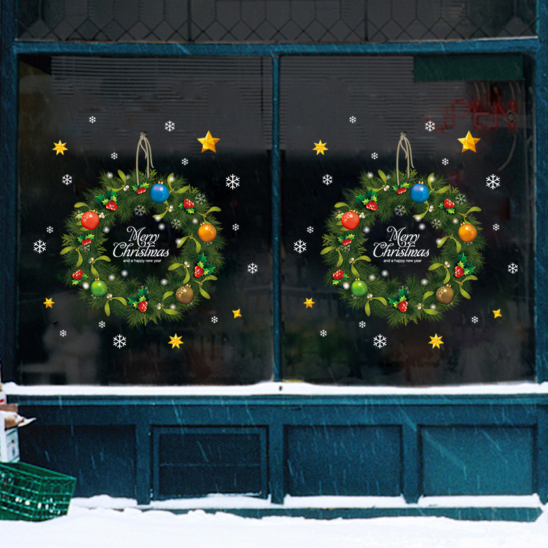 Christmas-Sticker Glass Window Self-adhesive Paper Green Garland Stickers Shopping Mall Store Glass Door Dress Up