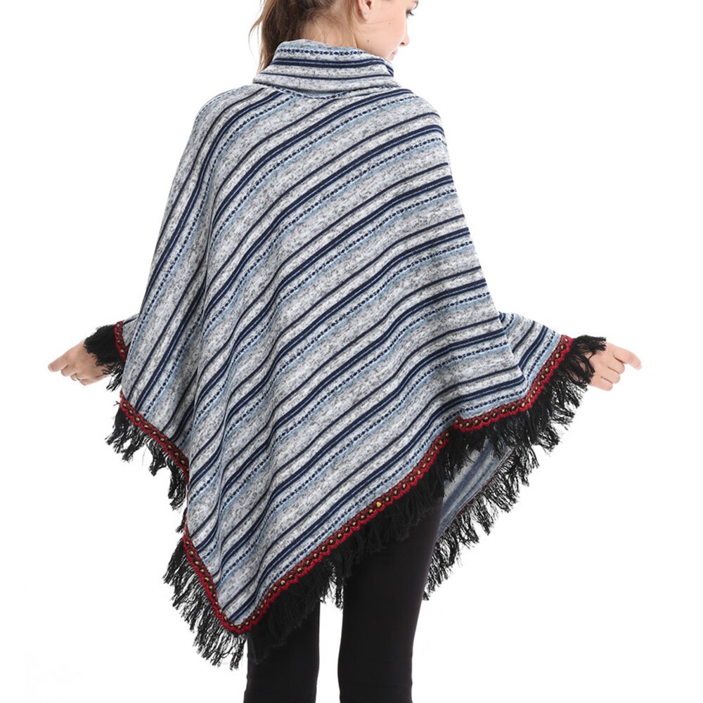 Vinter lang sektion høj krave jakke med frynser sjal løs jakke stribet tyk sweater efterår
